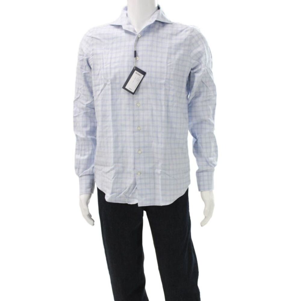 Emanuel Berg Mens Collared Button-Up Check Shirt Blue Cotton Long Sleeve Size S